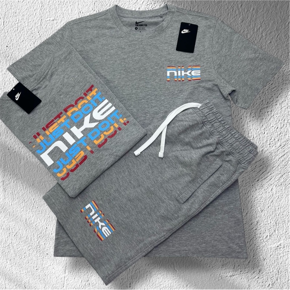 Nike Grey Tee and Shorts Set with Multicolor Retro Logo